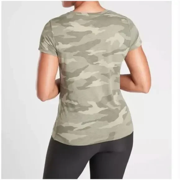 Athleta Green Camo Camouflage T-Shirt Crew Neck Short Cap Sleeve Women's Sz S - Picture 2 of 8